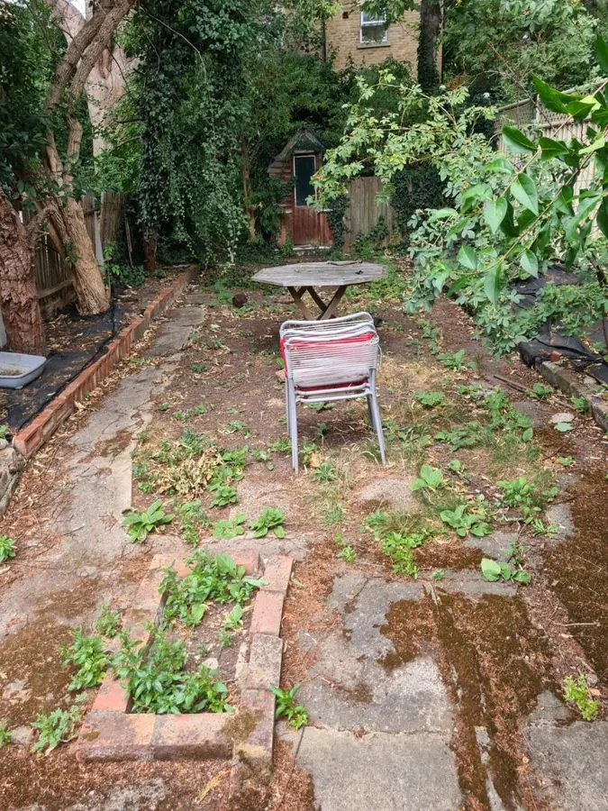 Winding brick path through cottage borders: the garden before