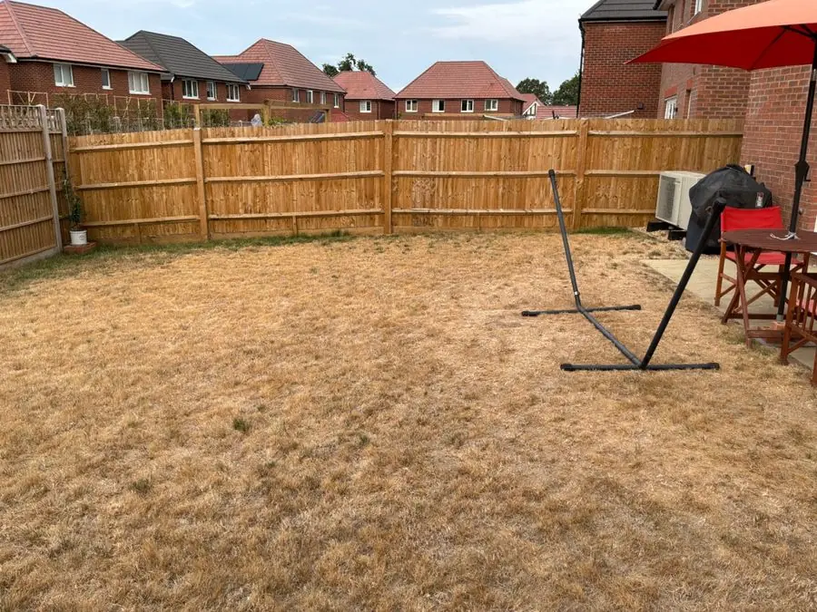 A dry brown lawn with a hammock frame and a parasol, before the redesign