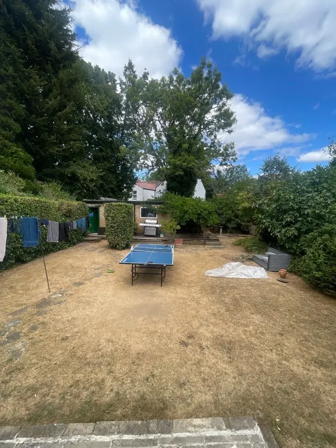 A dry, patchy lawn with a table tennis table and washing line, before the redesign