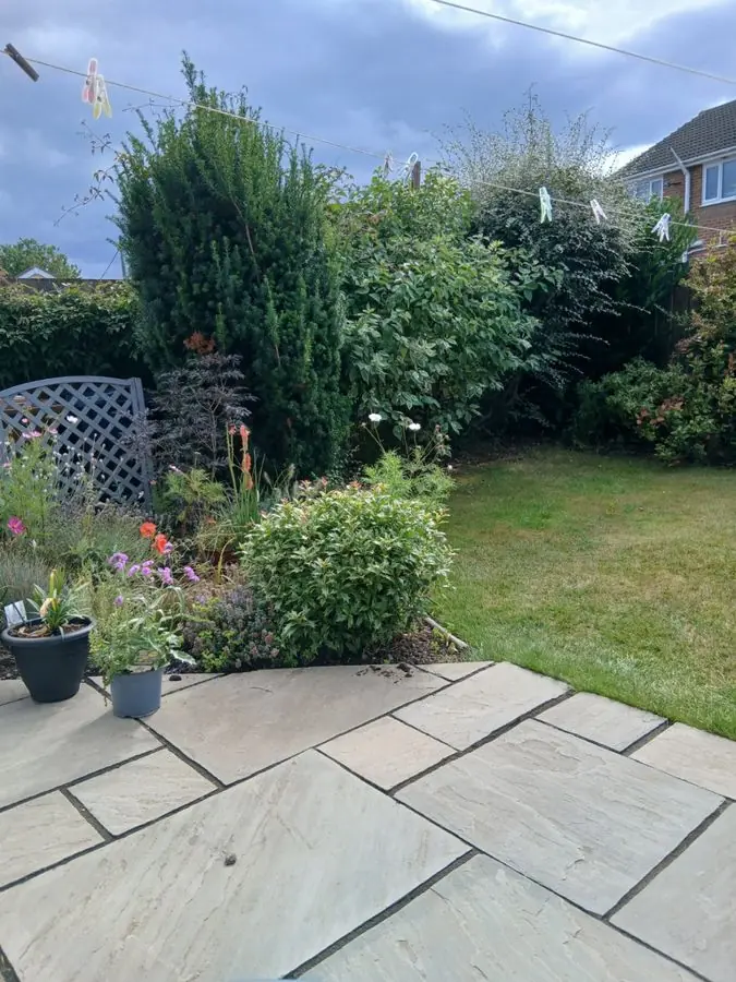 Gravel path between tall cottage borders: the garden before