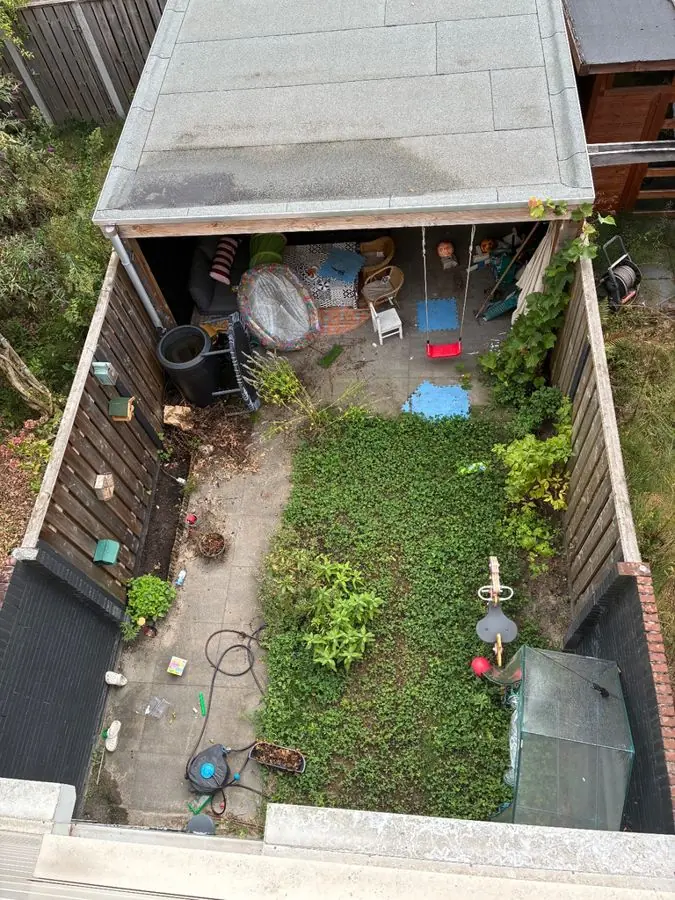 Lawn and cottage borders, from above: the garden before