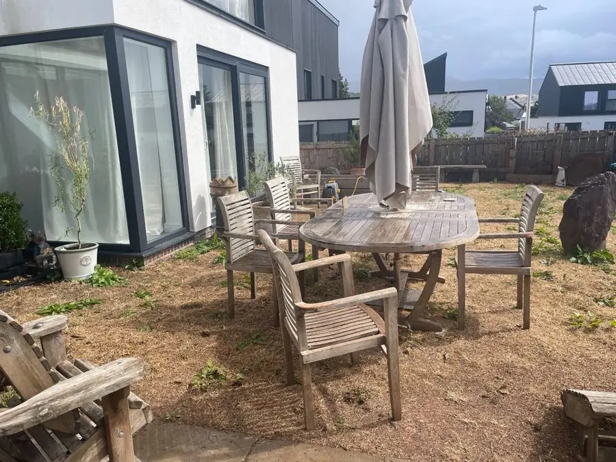 Golden grasses and a small pond: the garden before