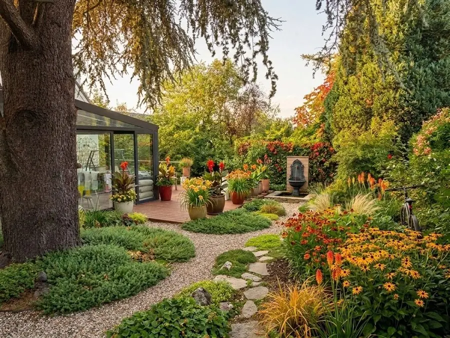 Amber and orange planting round a garden room, redesigned