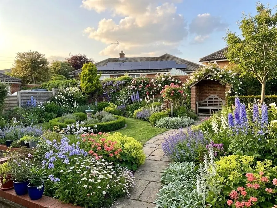 Big lawn edged with roses and delphiniums, redesigned