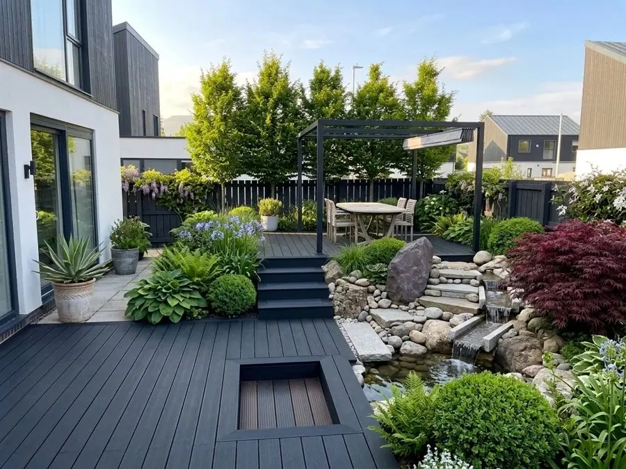 Black decking, a pond and a pergola, redesigned
