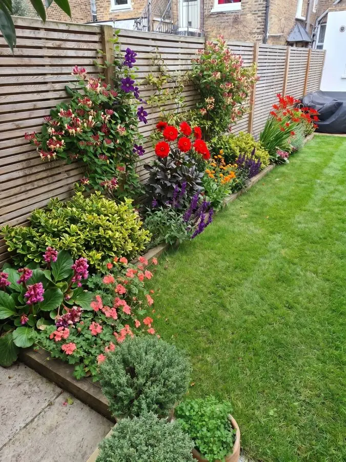 Border along a slatted fence beside a lawn, redesigned