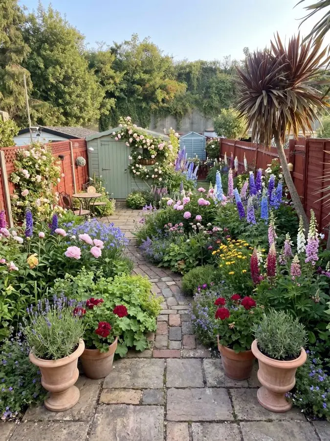 Brick path, pots and a palm, redesigned