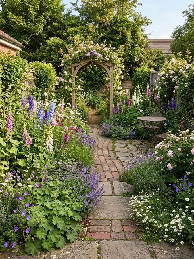 Brick path under a rose arch, a patio garden idea