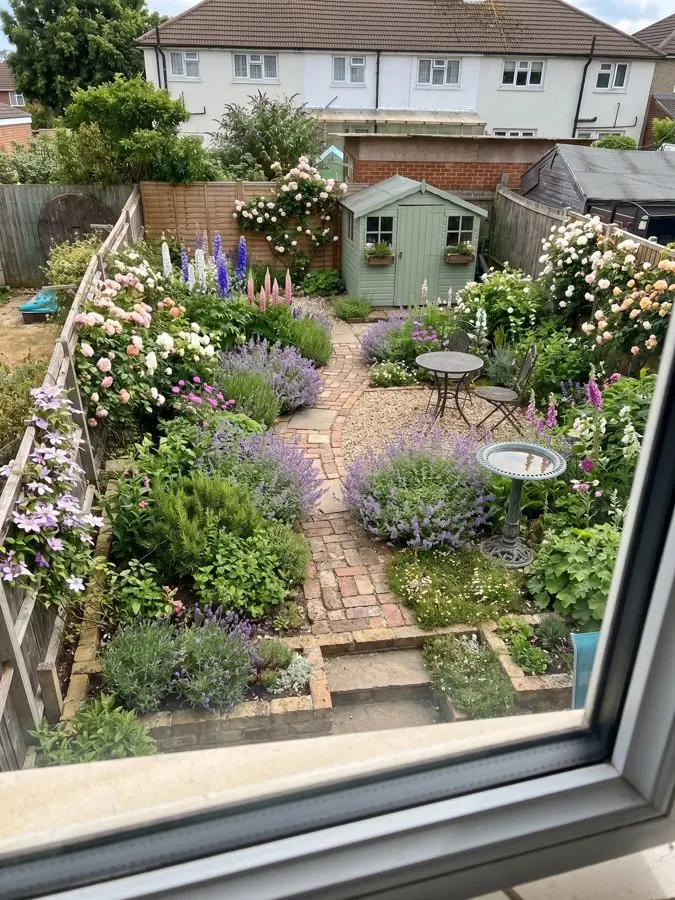 Brick paths and a shed, from the window, redesigned
