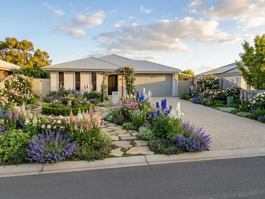 Bungalow front garden in full flower, redesigned