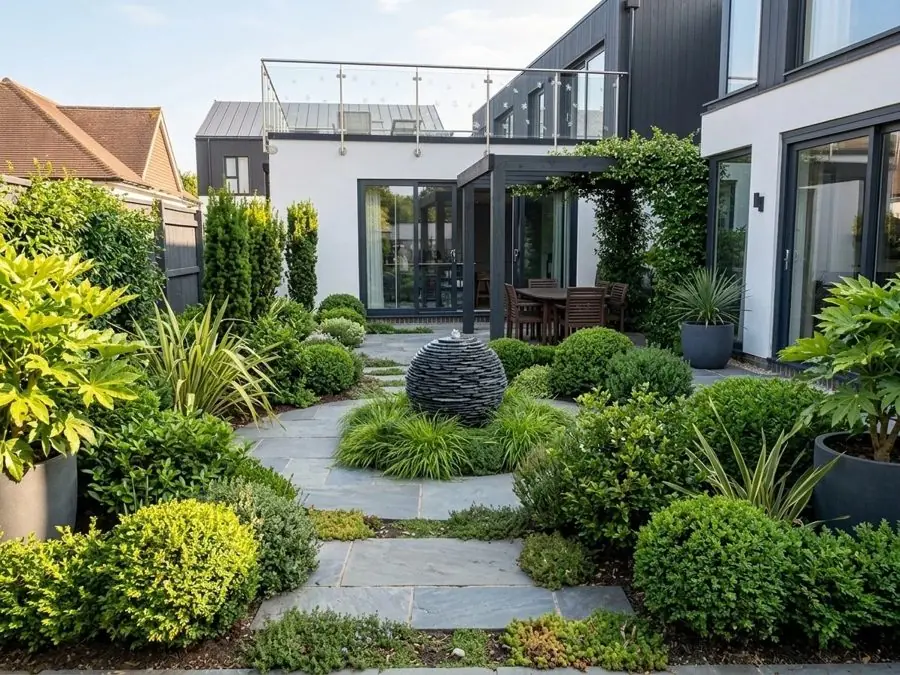 Clipped balls and a stone sphere by the house, redesigned