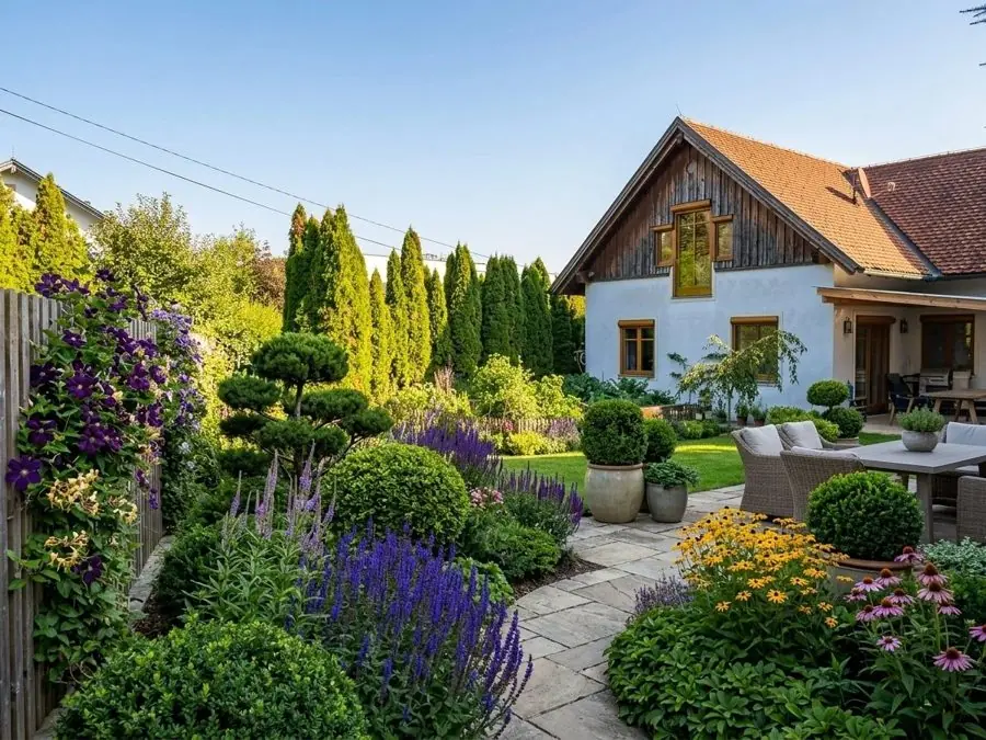 Cloud pruned shrubs and lavender, an evergreen garden idea