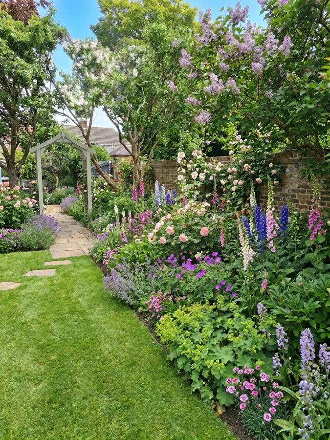 Cottage border along a lawn, lilac behind, redesigned
