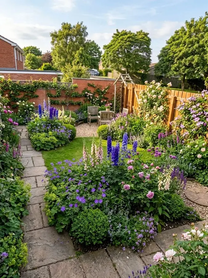 Delphiniums round a small lawn, redesigned