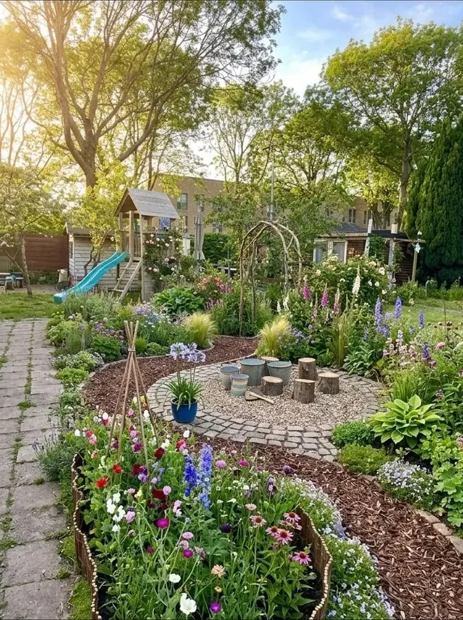 Family garden with a curved path and play area, redesigned