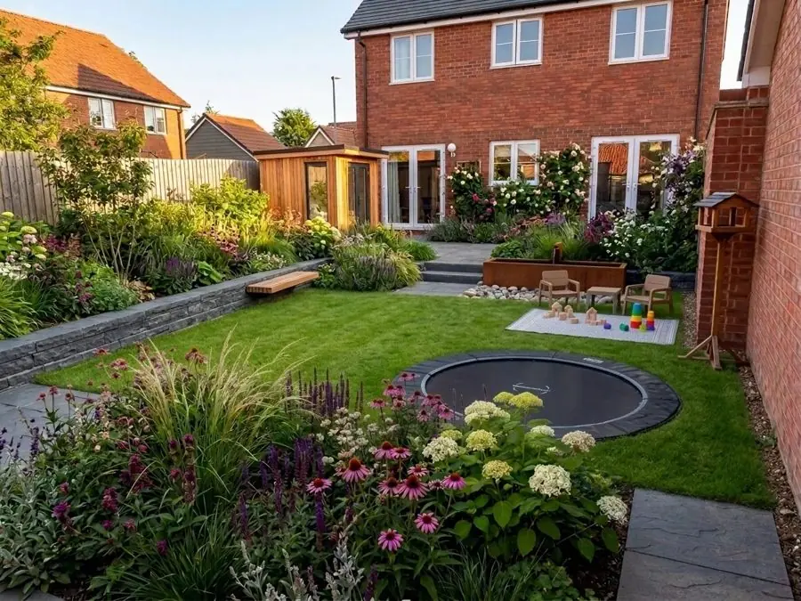 Family lawn with a sunken trampoline, redesigned