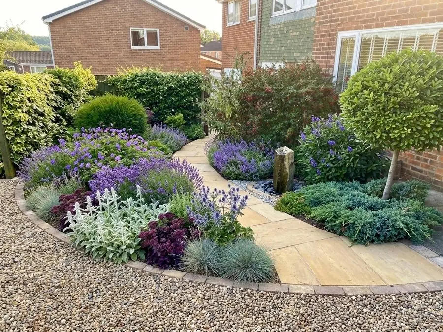 Front garden of gravel and lavender, redesigned