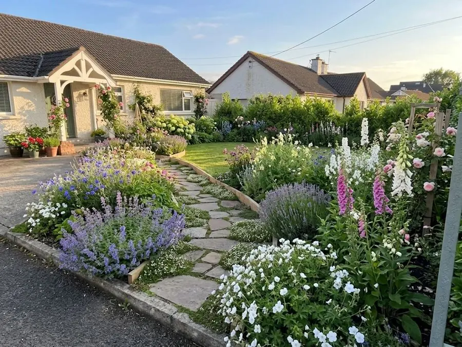 Front garden path with cottage planting, a lawn garden idea