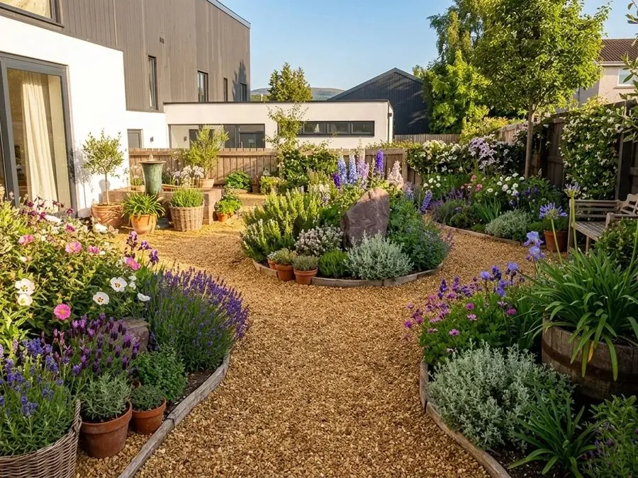 Golden gravel path through lavender, redesigned