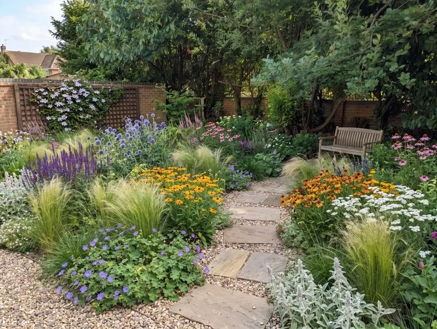 Grasses and daisies round a stone path, redesigned