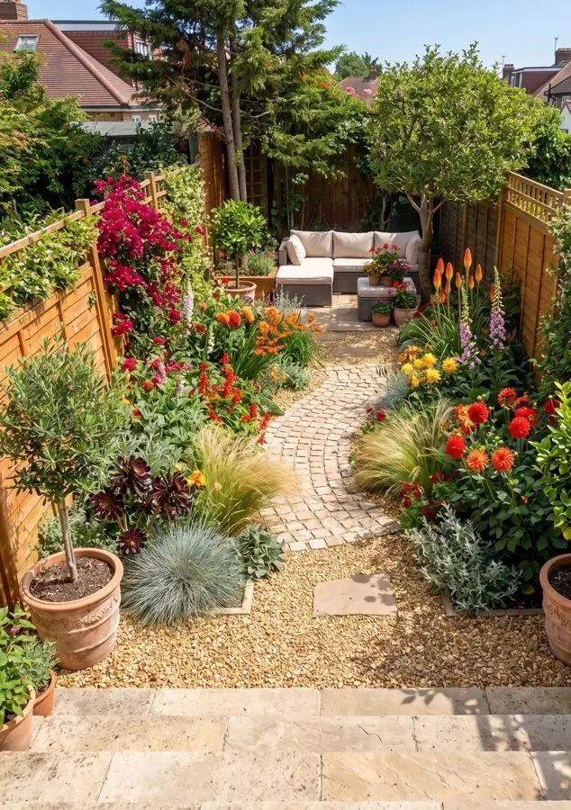 Gravel courtyard with dahlias and cannas, redesigned
