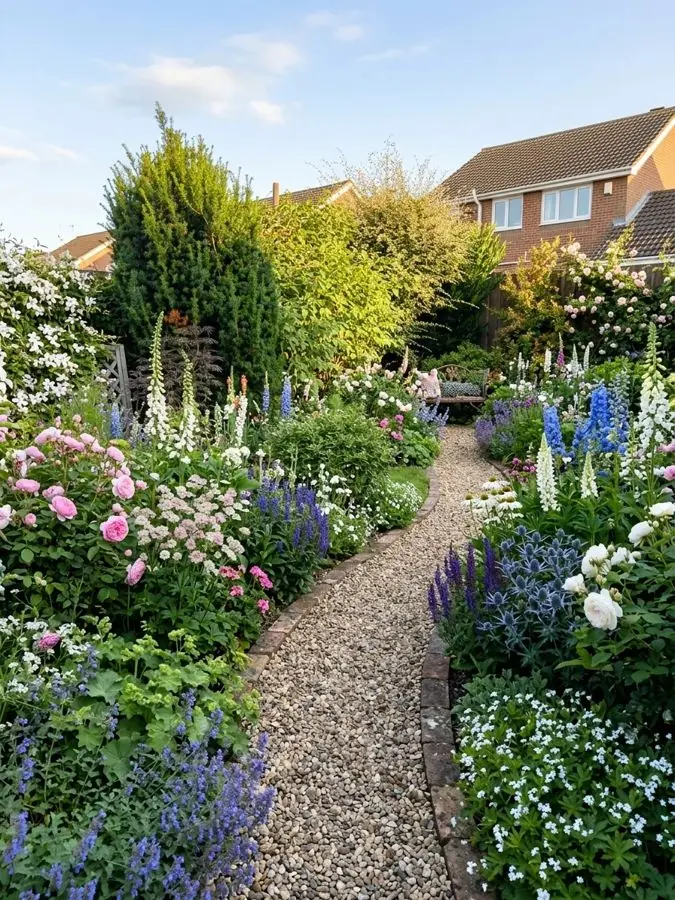 Gravel path between tall cottage borders, redesigned