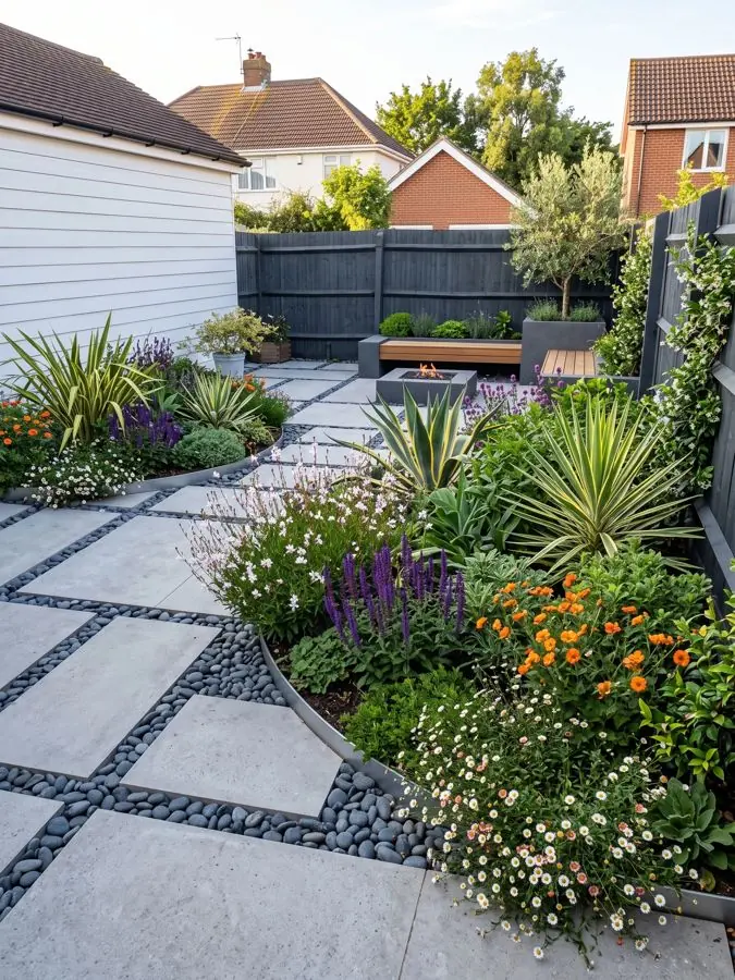 Large slabs, black pebbles and grasses, redesigned