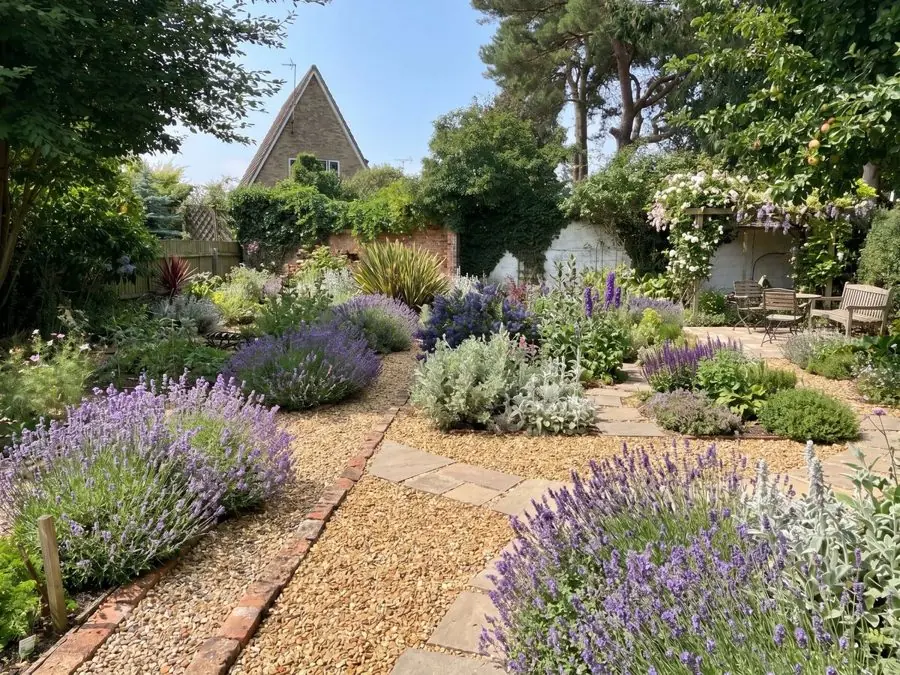 Lavender gravel garden by an A frame house, redesigned