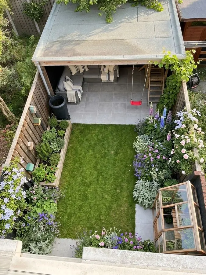 Lawn and cottage borders, from above, redesigned