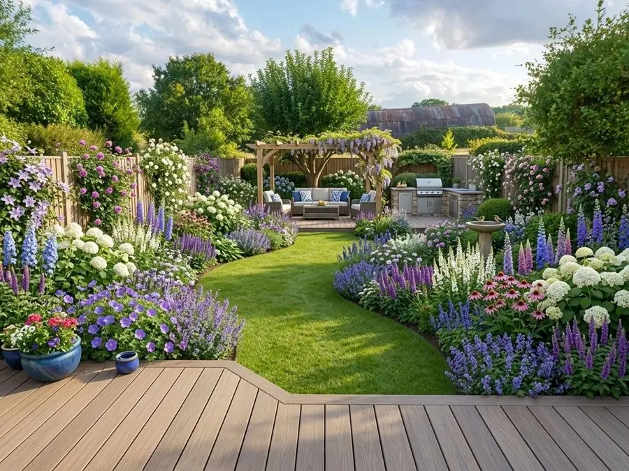 Dry field turned into a lawn and deep borders, redesigned