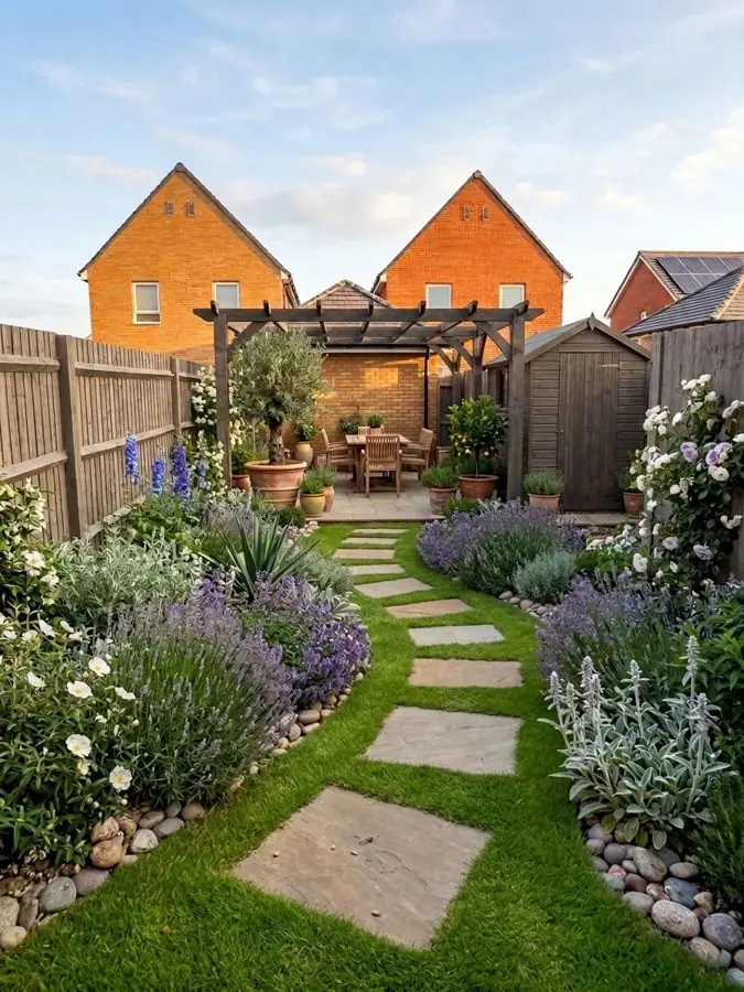 Lawn with stepping stones to a pergola, an idea for a new build garden