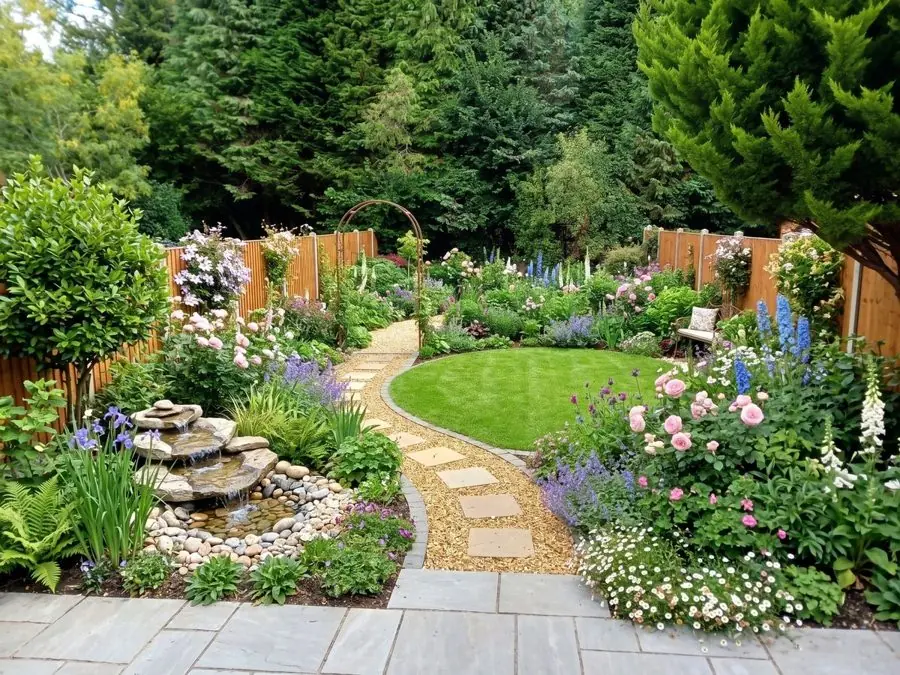 Round lawn and a stone water feature, redesigned