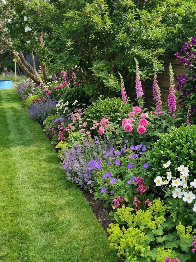 Long cottage border beside a lawn, redesigned