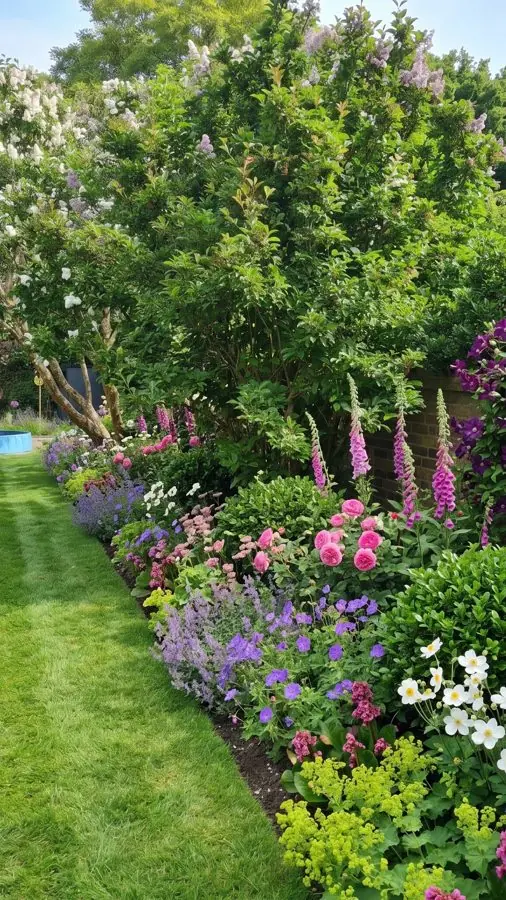 Long cottage border beside a lawn, redesigned