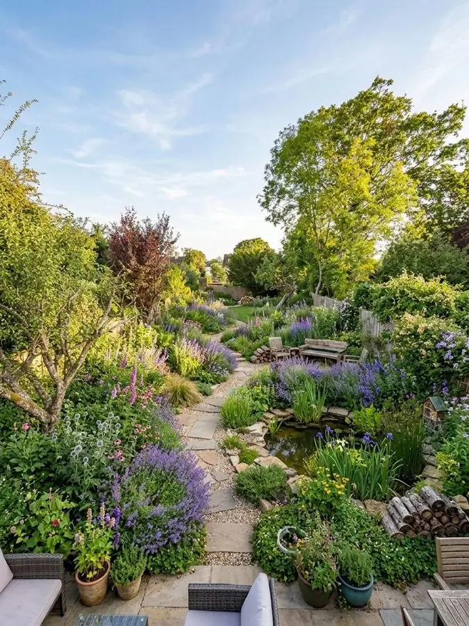 Long garden of winding paths and a pond, redesigned