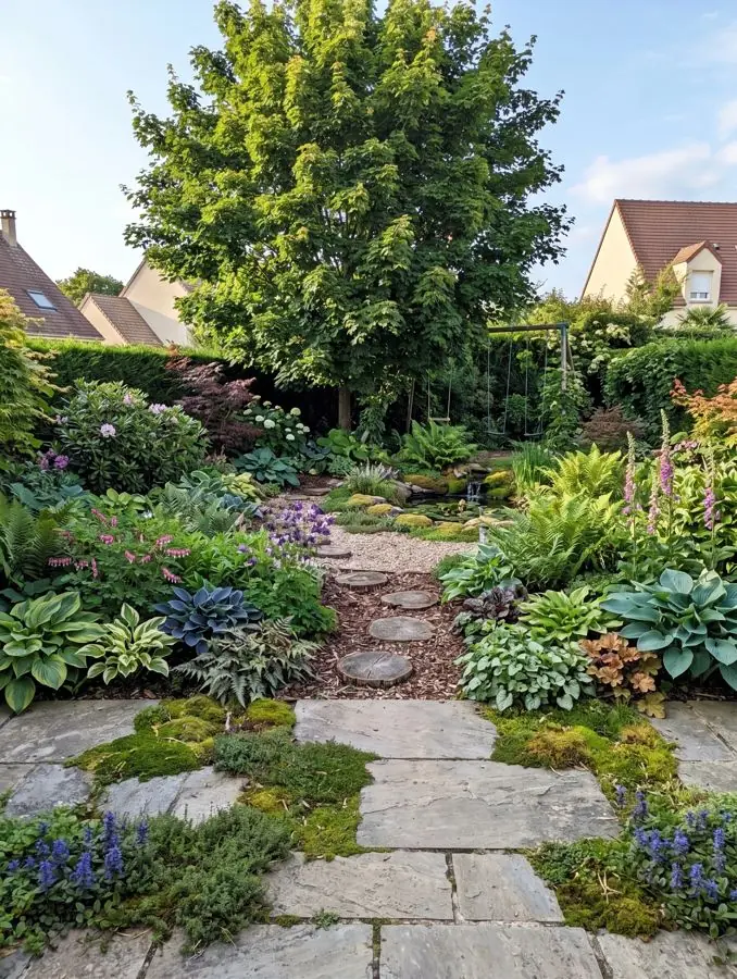 Mossy stone path through ferns and hostas, redesigned
