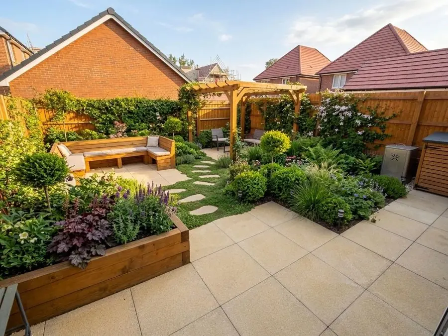 New build garden with a pergola and raised beds, redesigned