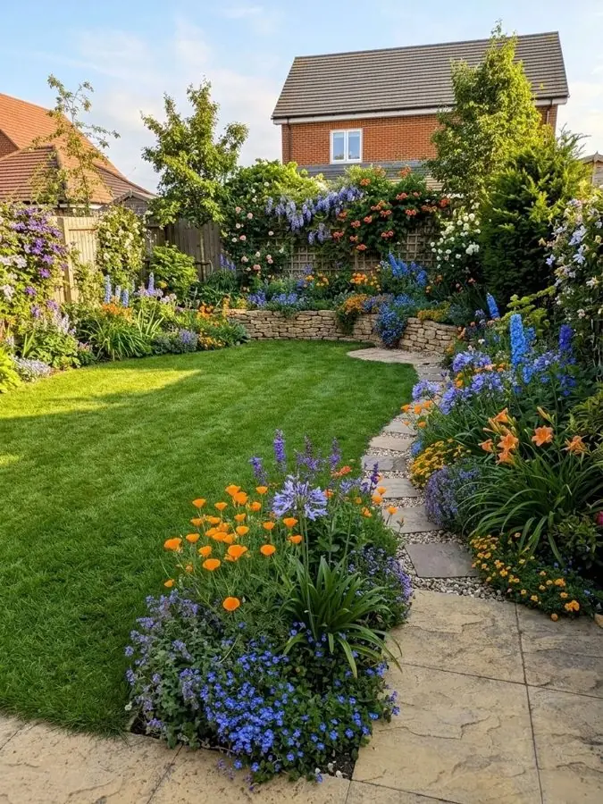 Orange and blue border round a lawn, an idea for a new build garden