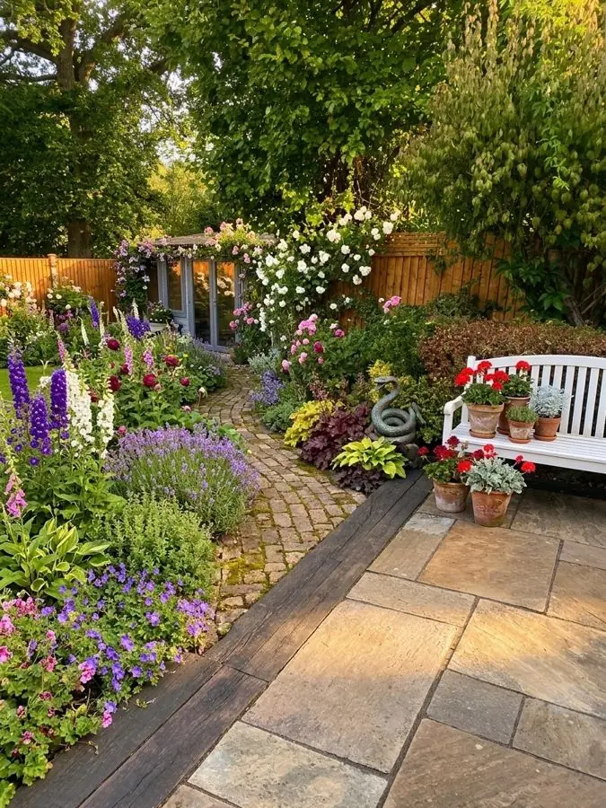 Patio and bench with cottage borders, redesigned