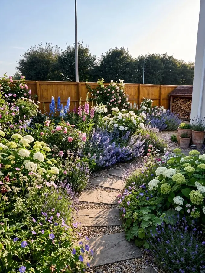 Paved garden with hydrangeas and lavender, redesigned