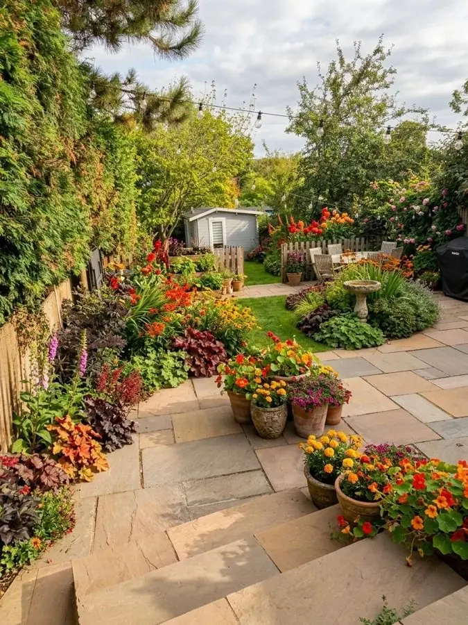 Paved steps with orange and red flowers, a patio garden idea