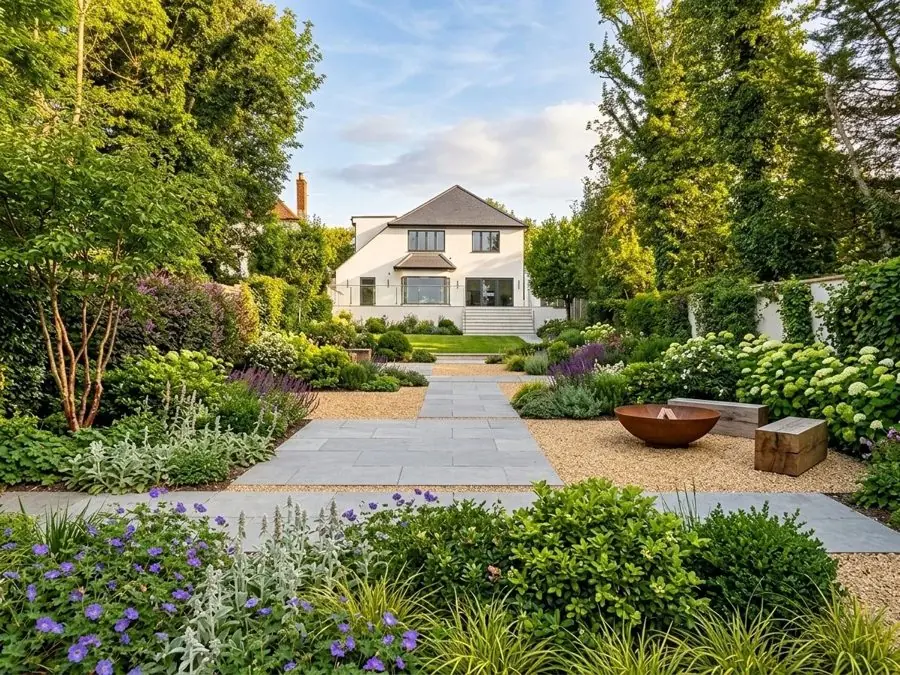 Paved walk to the house through deep borders, a patio garden idea