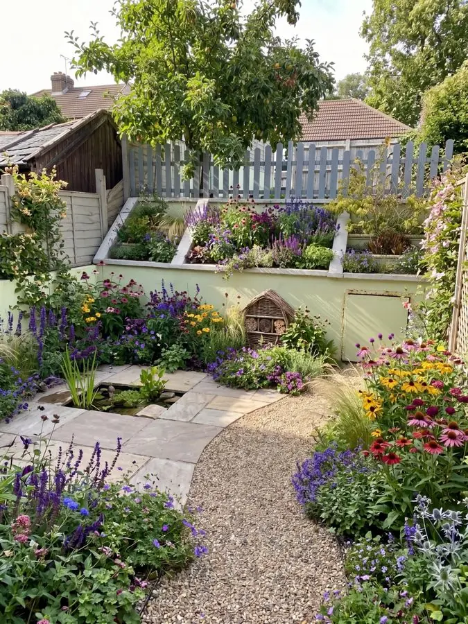 Raised beds, gravel and a small pond, a patio garden idea