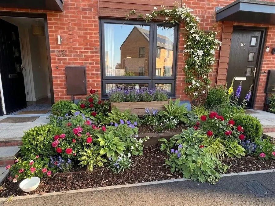 Red flowers by a new build front door, redesigned