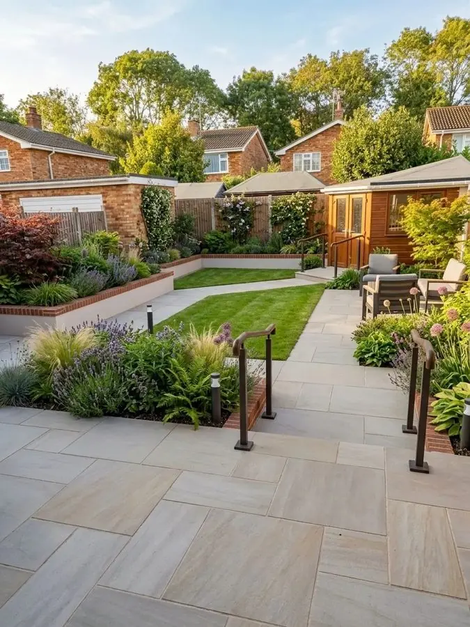 Sandstone terrace and a small lawn, redesigned