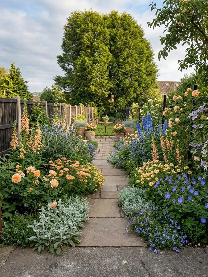 Stone path through apricot roses and foxgloves, a lawn garden idea