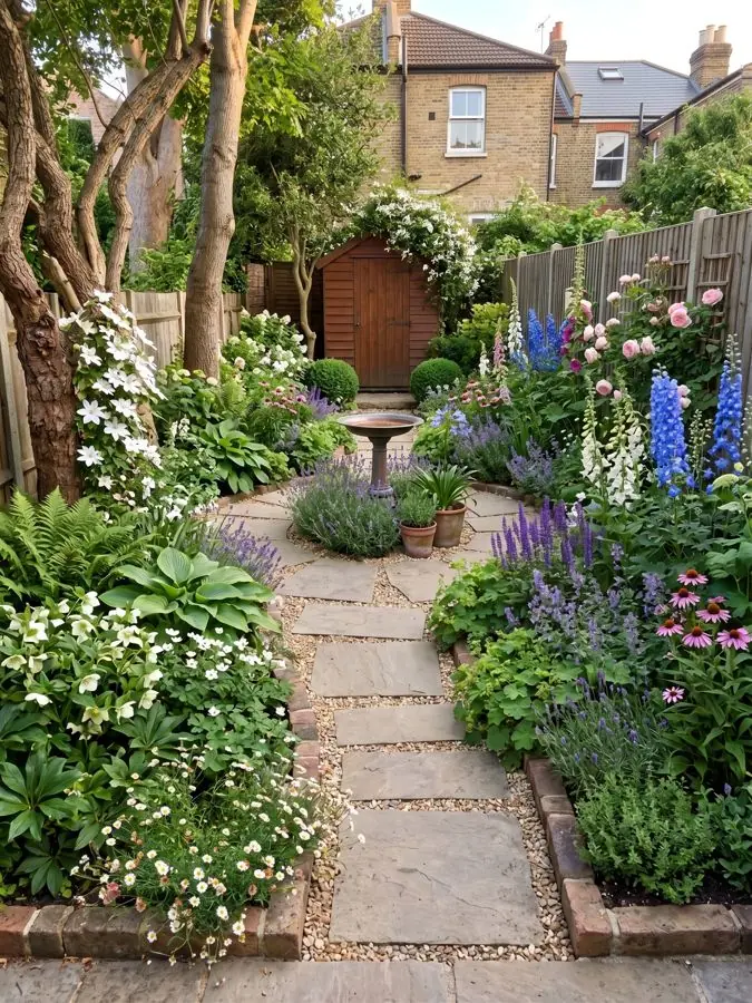 Stone path between cottage borders to a shed, redesigned