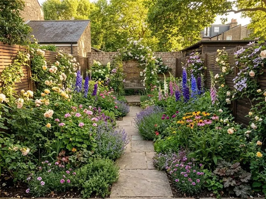 Stone path through roses and delphiniums, an idea for an overgrown garden