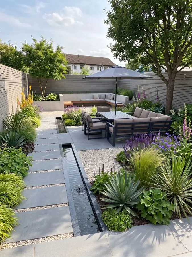 Water rill, outdoor sofa and grasses, redesigned