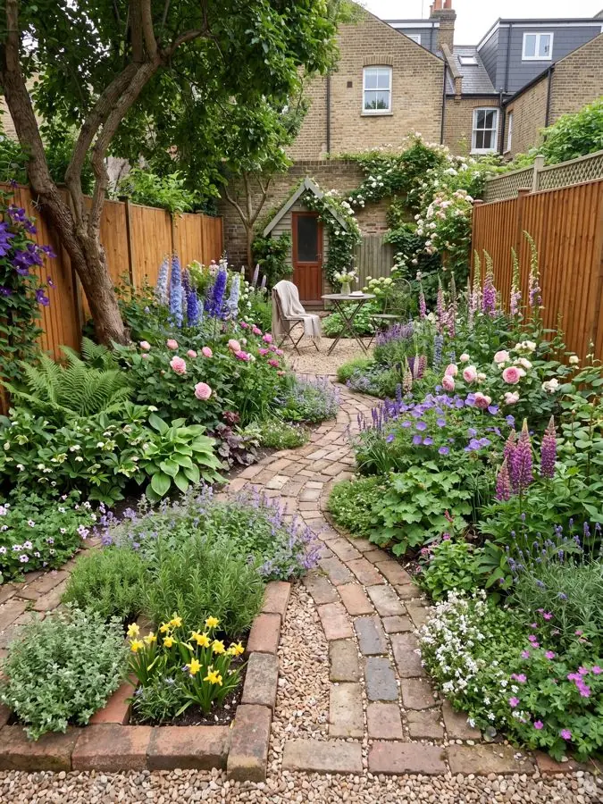 Winding brick path through cottage borders, redesigned